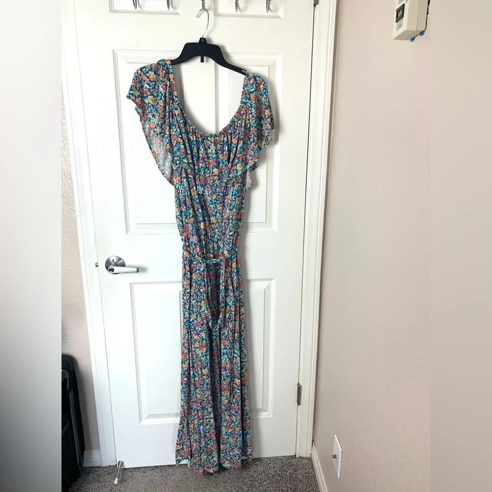 New Lane Bryant Convertible Off the Shoulder Maxi Dress Floral Blue Orange 18-20 - Picture 11 of 14